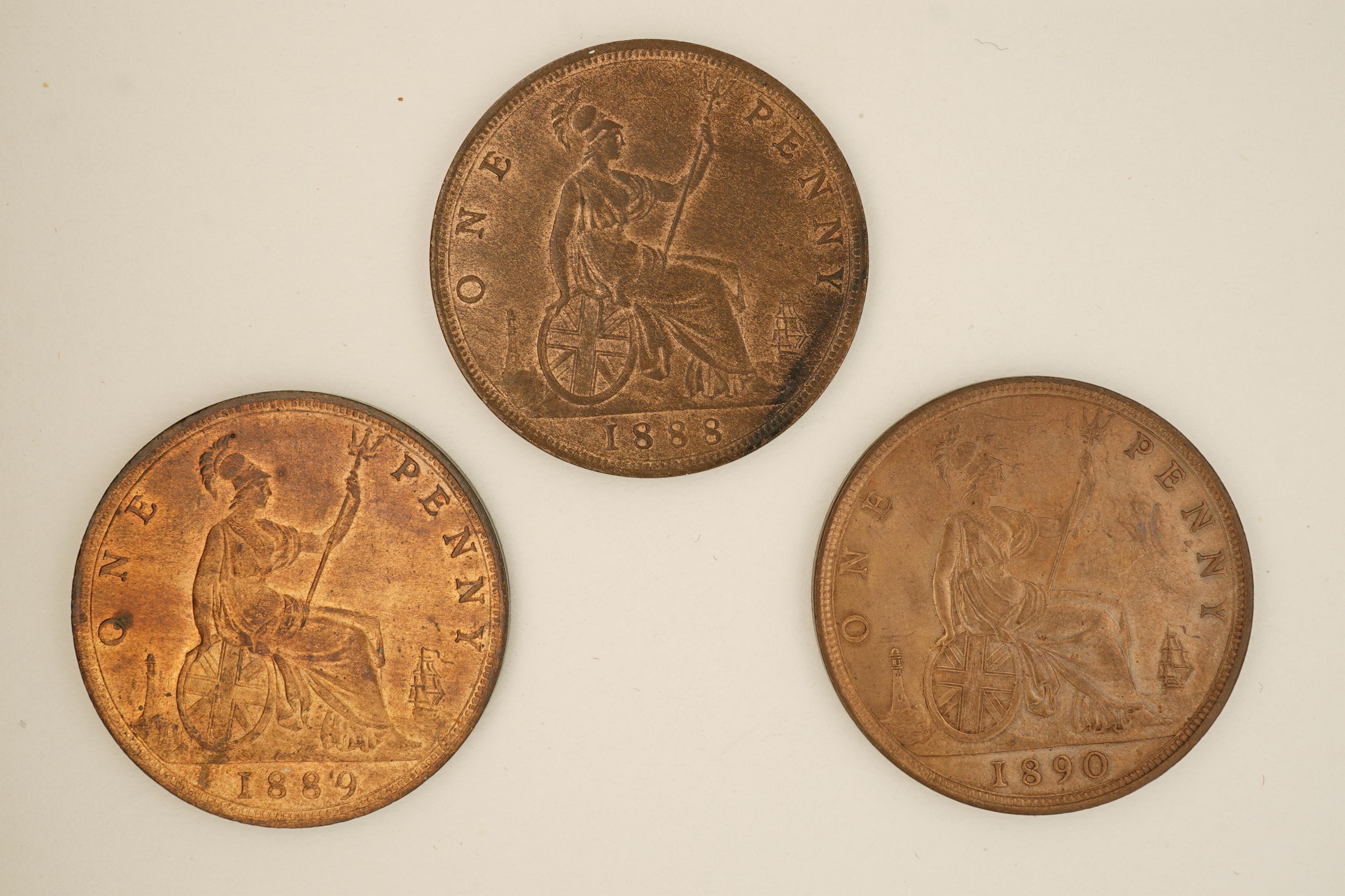 British coins, Victoria, three bronze pennies;, 1888, Fr. 126, Gouby dies R/r, about UNC, toning and lustre, 1889, Fr. 127, Gouby dies R/r, good EF, patches of toning and lustre, 1890, Fr. 130, Gouby dies R/r, proof-like